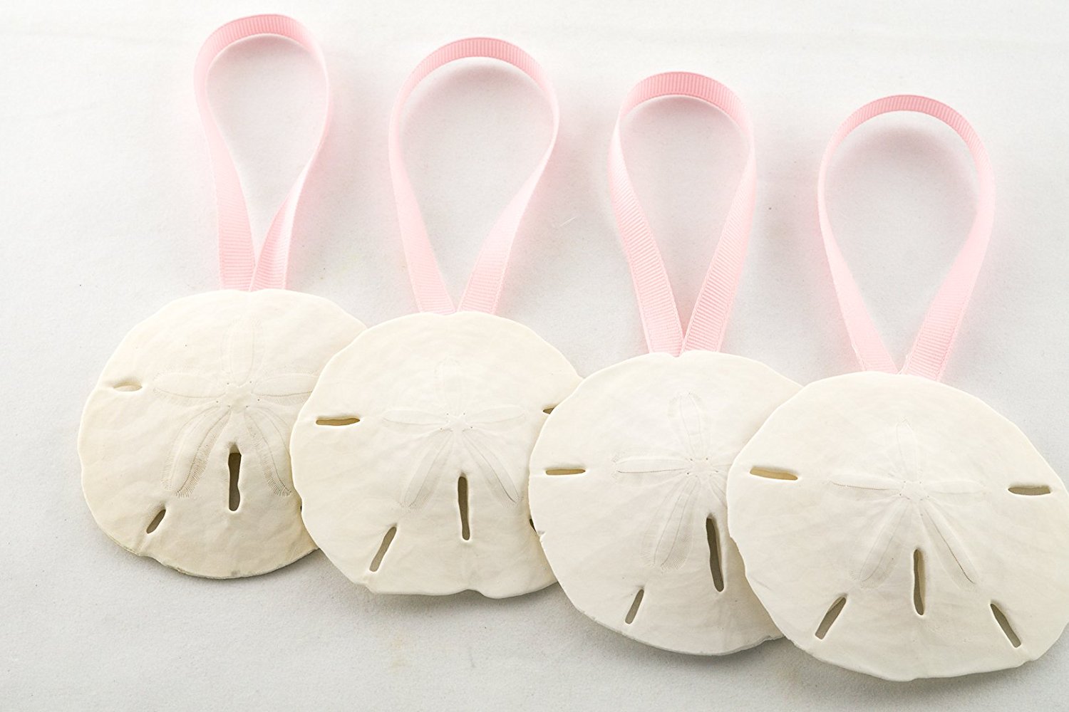 Sand Dollar Ornaments | Natural Sand Dollars 3 inch with Light Pink Ribbon | Set of 4 | Real Sand Dollars for Beach Wedding Decor | Nautical Crush